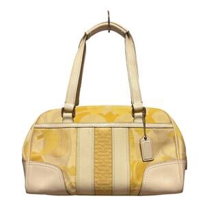 Coach Signature Stripe Yellow Cream Satchel Jacquard Leather Trim EUC F13339